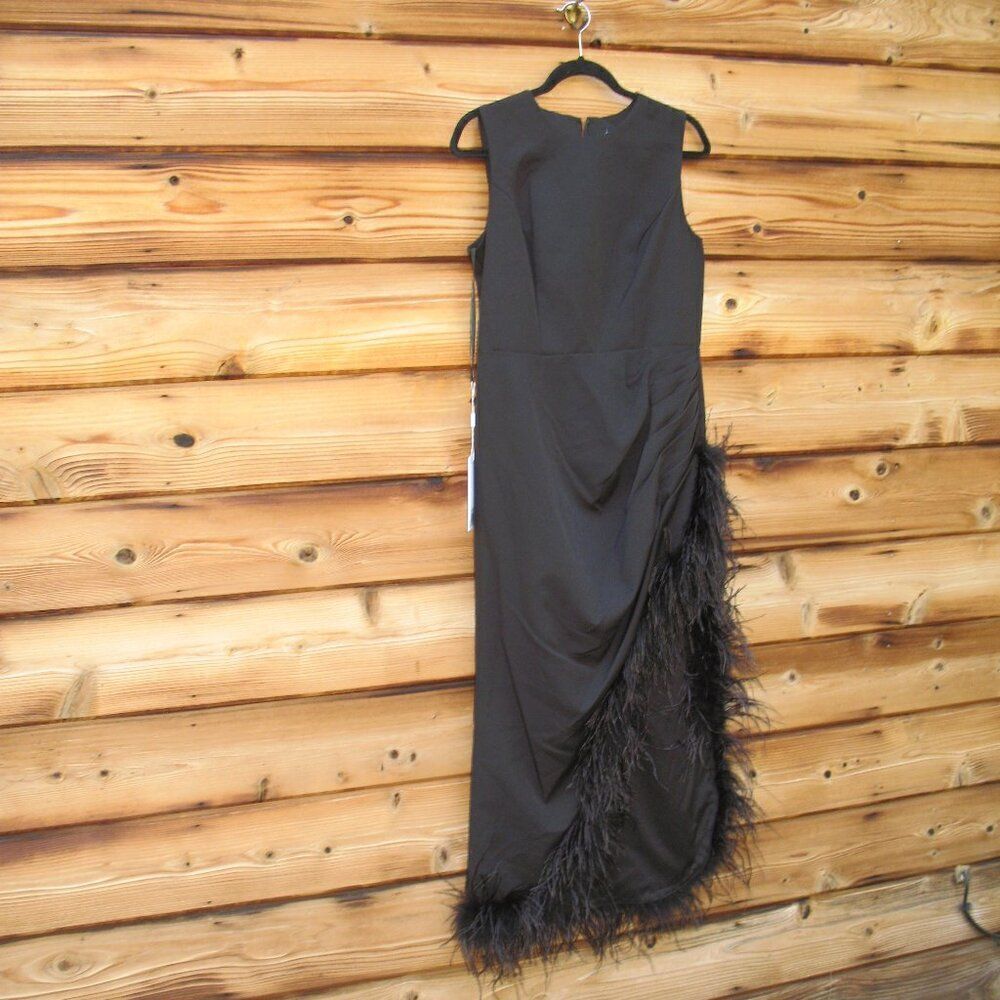 MAC DUGGAL 11626 Black Sleeveless Faux Wrap Dress with Feather Detail - Picture 6 of 12